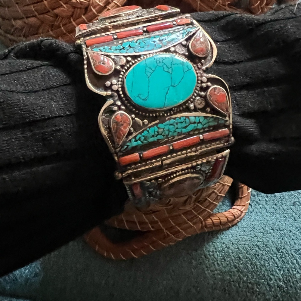 Coral and turquoise chunky tribal bracelet boho
